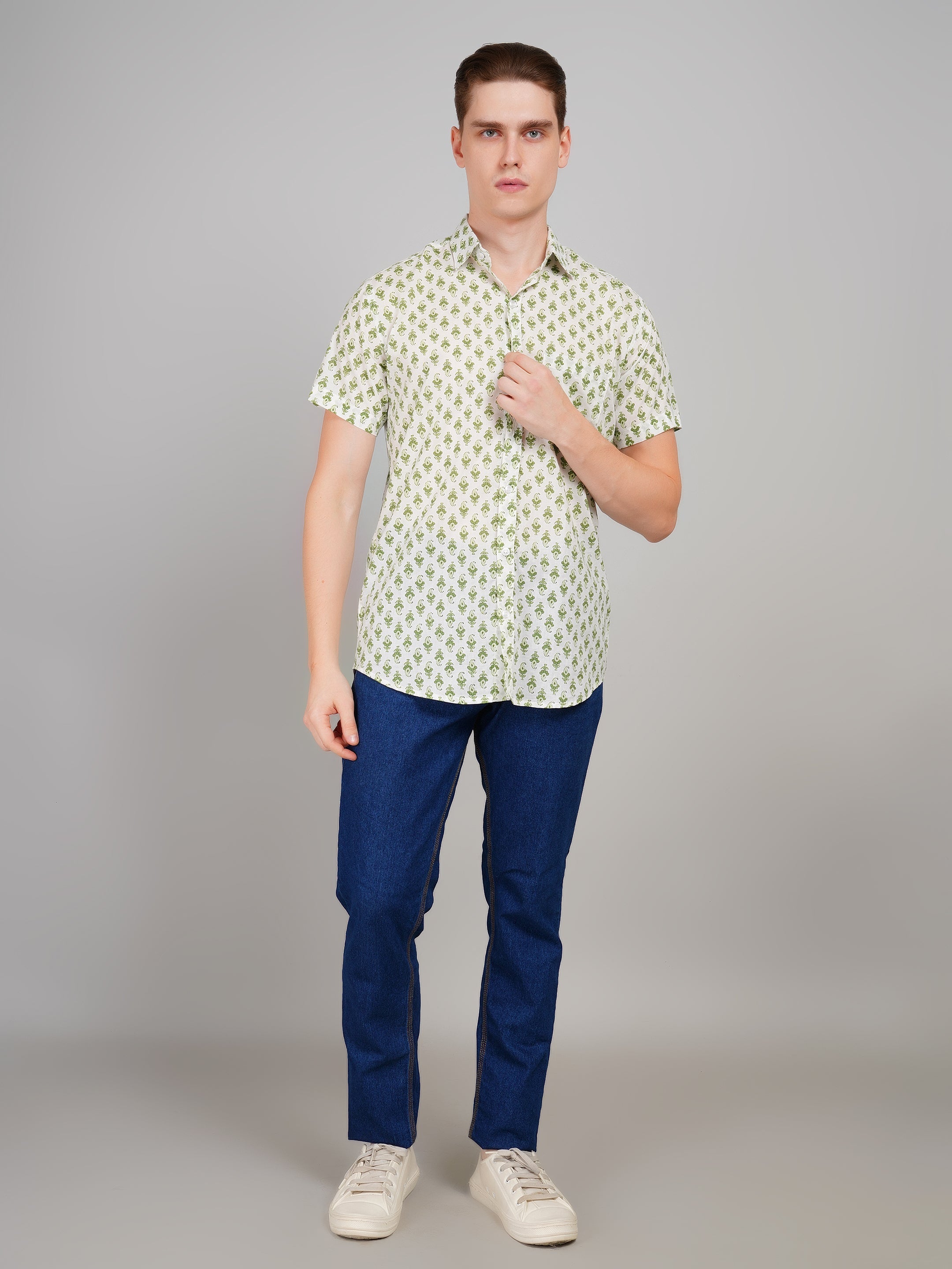 Louis Monarch Premium Jaipuri Printed Cotton Off White Half Sleeve Casual Shirt